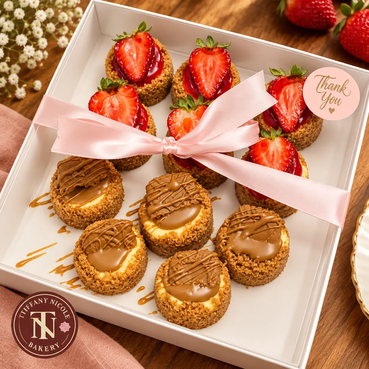 Gift box of strawberry and Biscoff mini cheesecakes tied with a pink ribbon