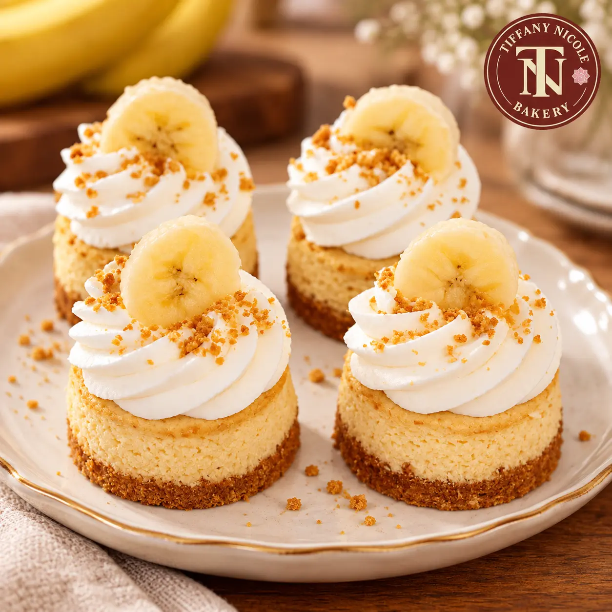 Banana pudding mini cheesecakes with whipped cream, banana slices and crumble