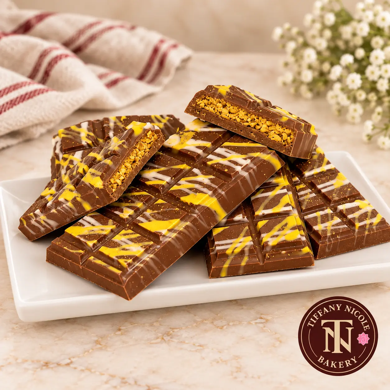 Dubai chocolate bars with pistachio filling, chocolate drizzle and gold dust with the Tiffany Nicole Bakery logo