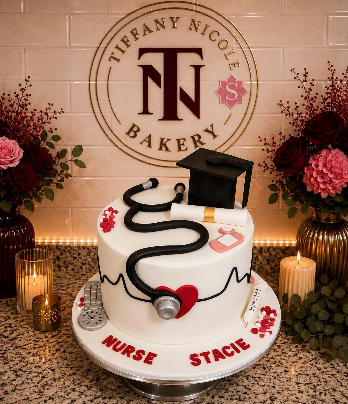 Nurse graduation cake with stethoscope, heart and graduate cap
