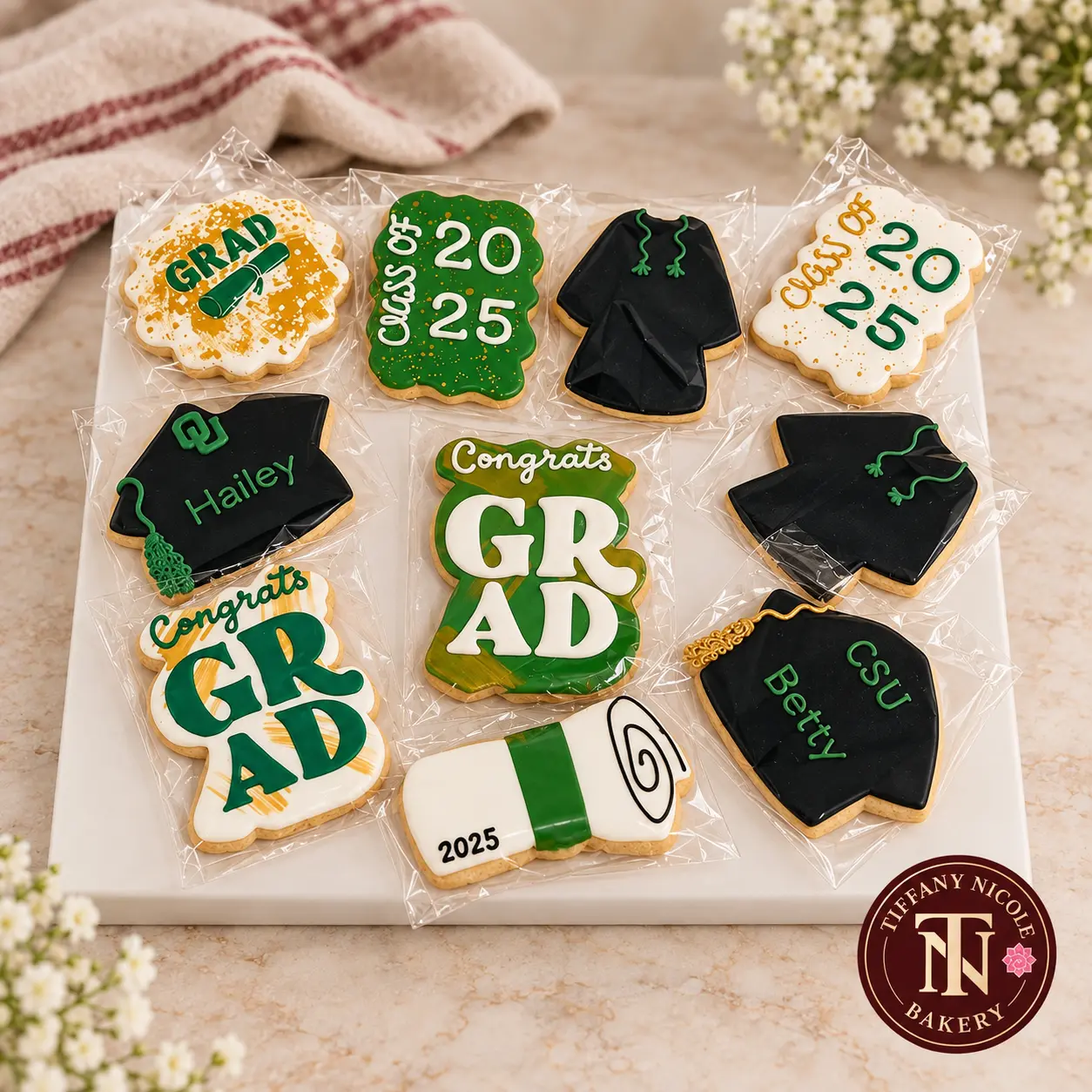 Graduation decorated sugar cookies with caps, Class of 2025 and Congrats designs, individually wrapped