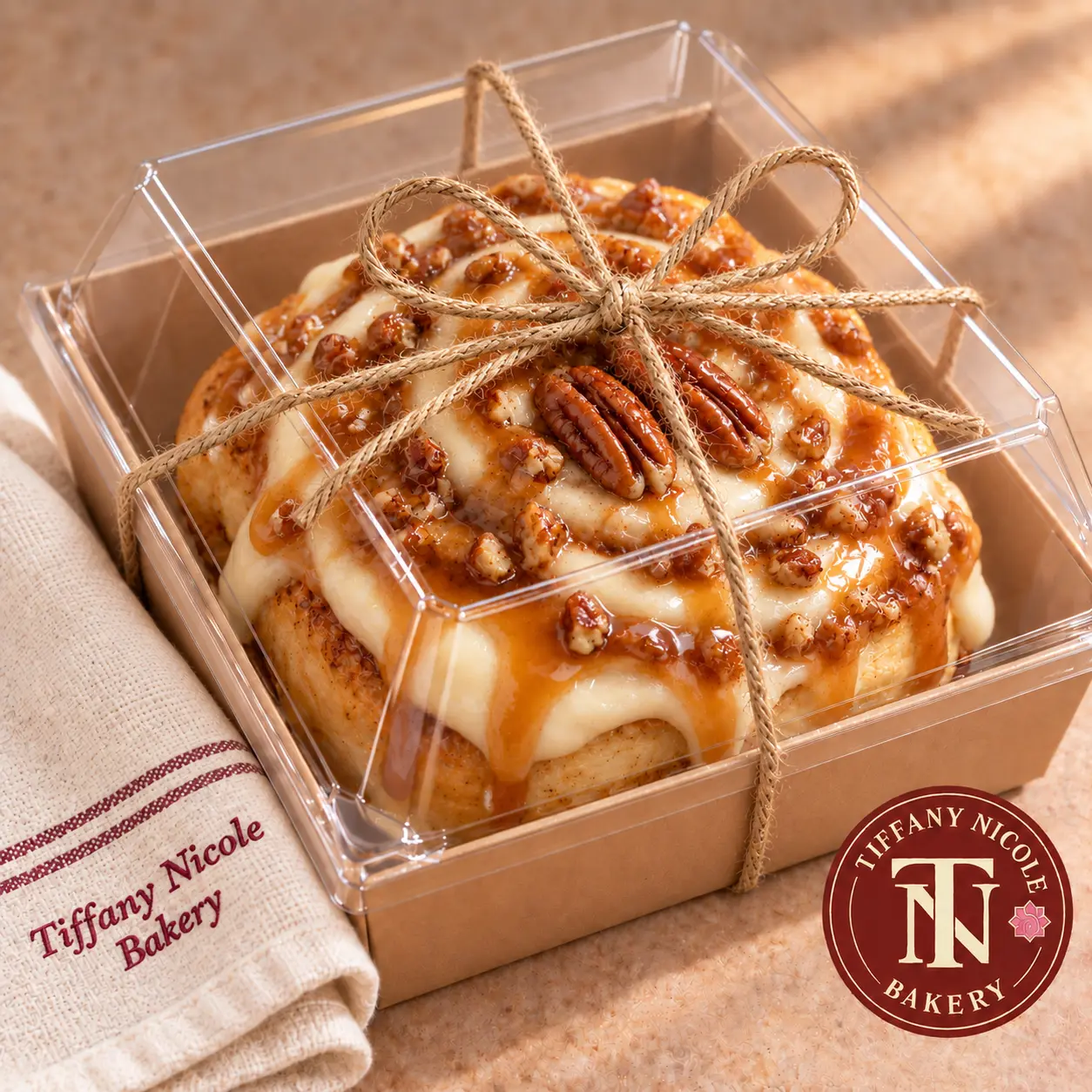 Caramel butter pecan cinnamon roll with caramel drizzle and glazed pecans