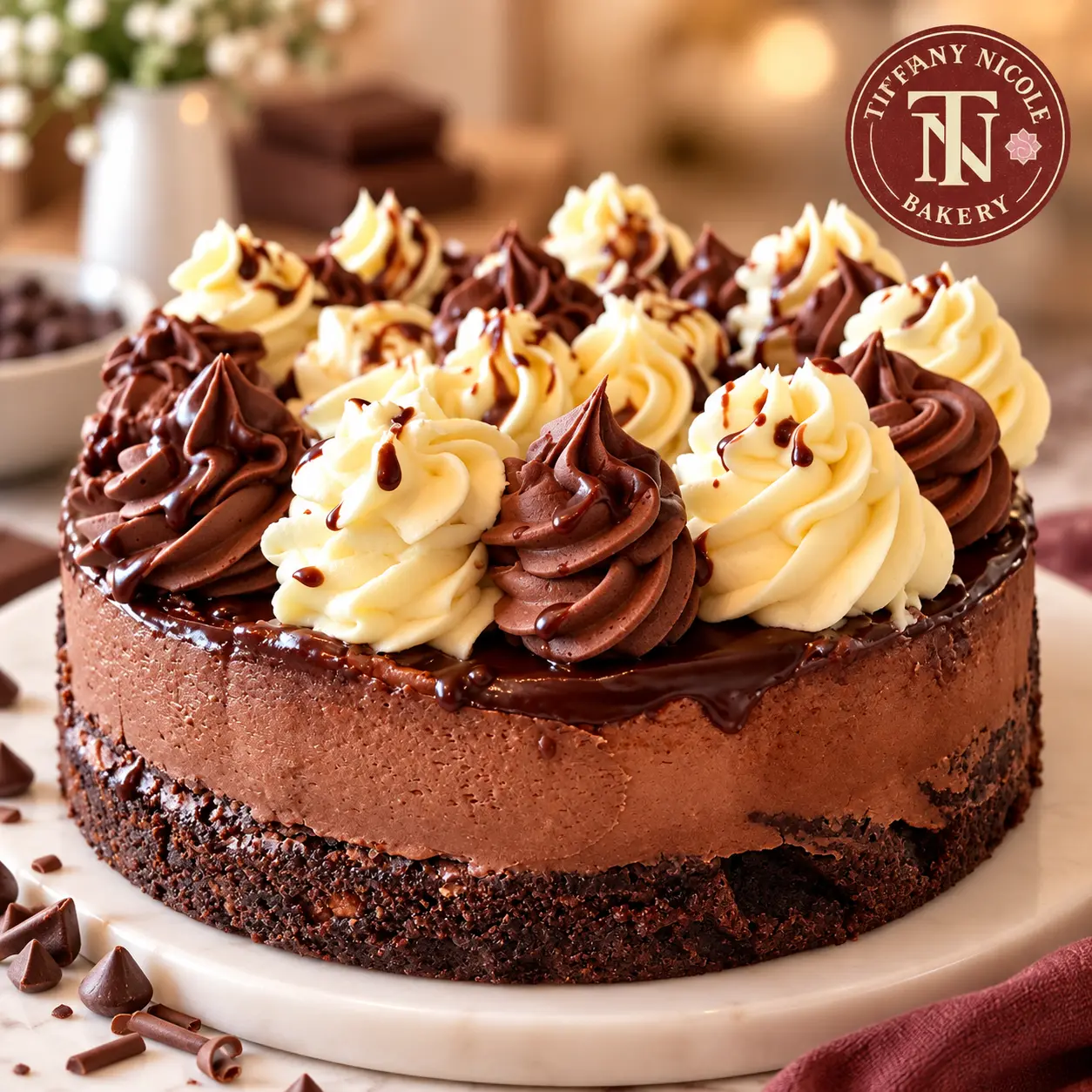 Rich chocolate cheesecake with chocolate and vanilla buttercream rosettes on a brownie crust