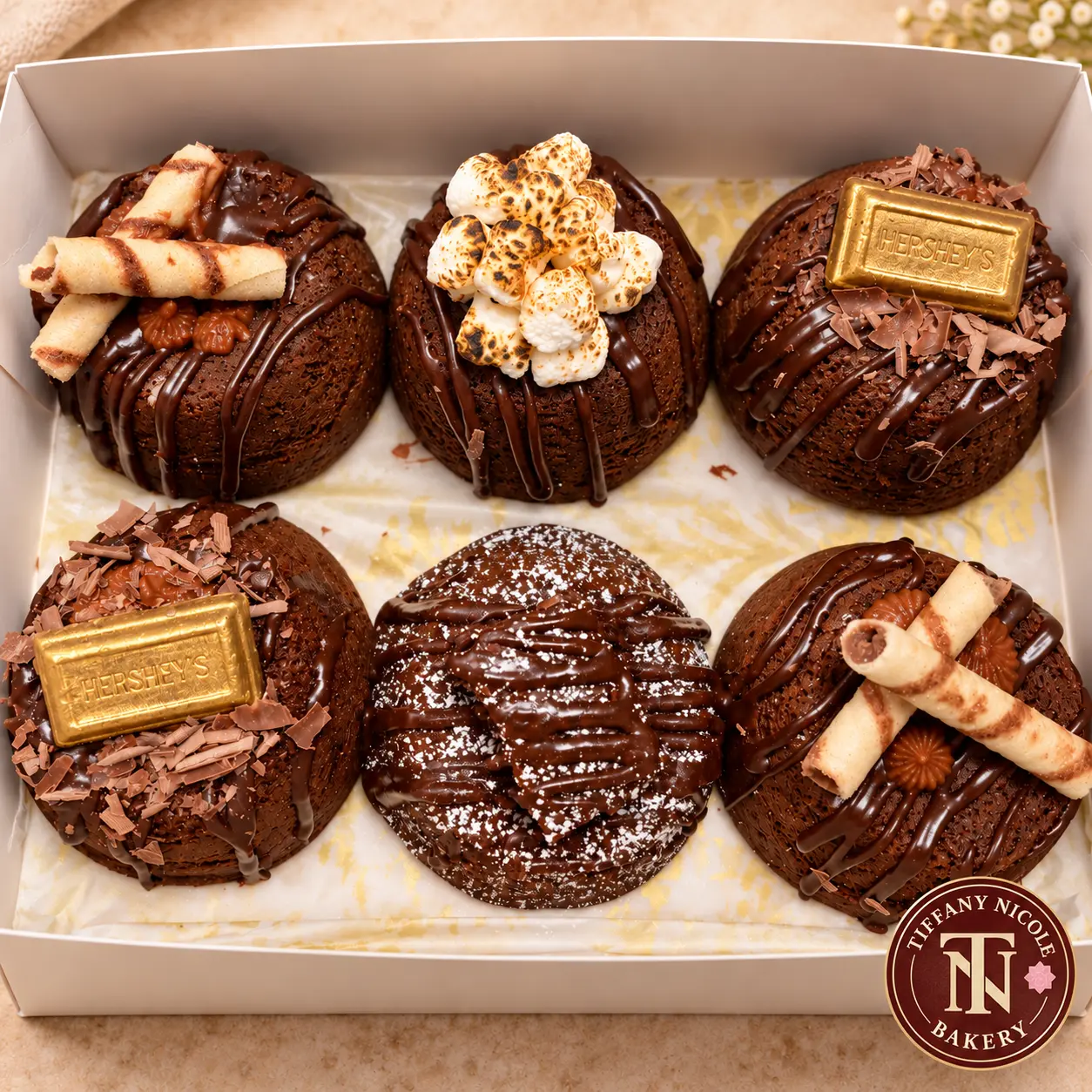 Chocolate lava cupcakes with ganache, toffee bars and chocolate curls in a bakery box