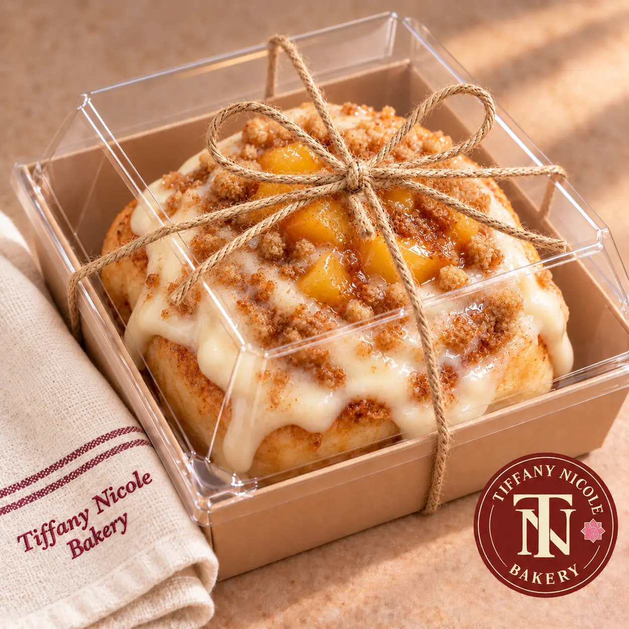 Peach cobbler cinnamon roll with peach pieces and cinnamon streusel