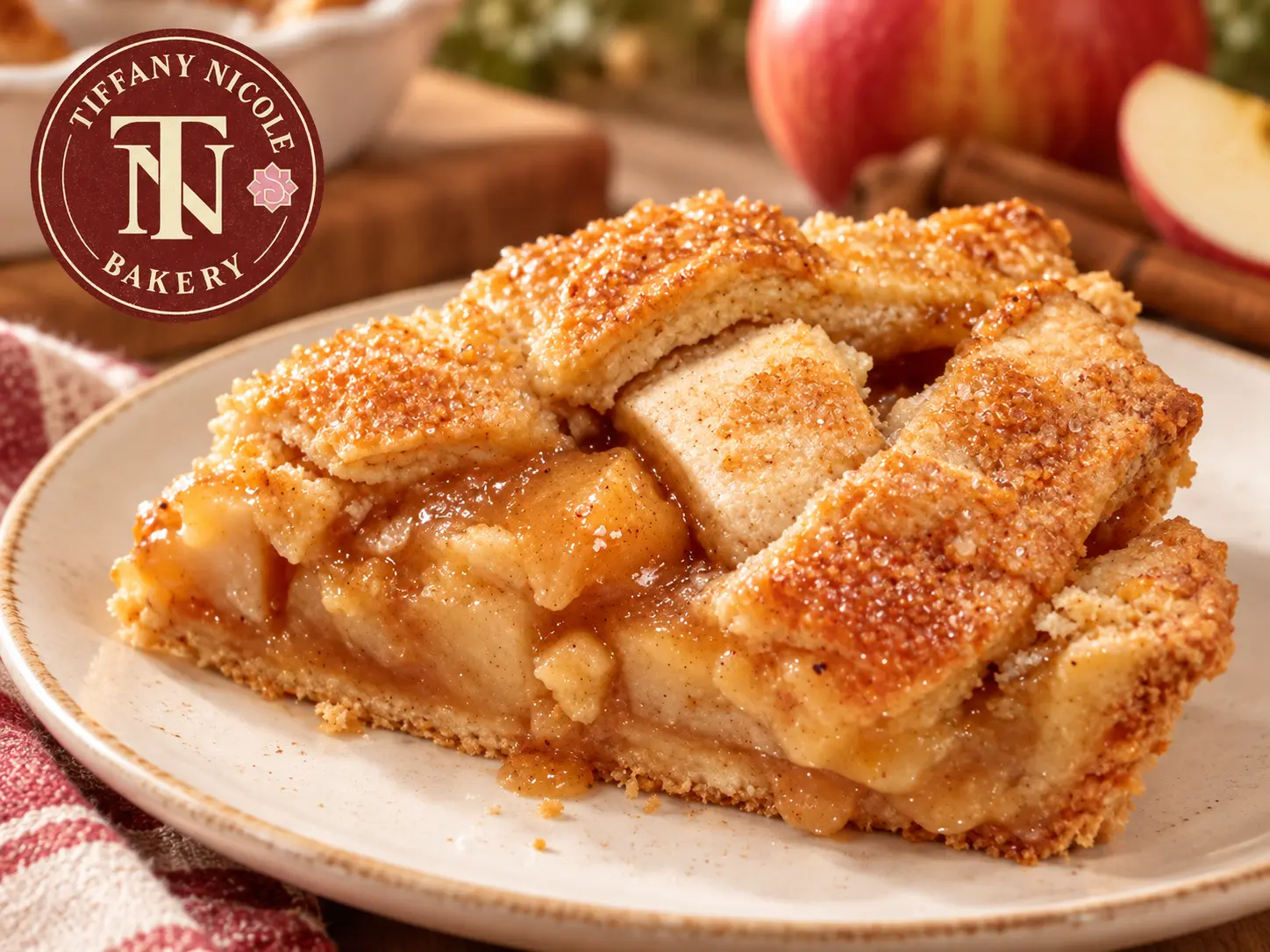 Apple pie slice with golden lattice crust
