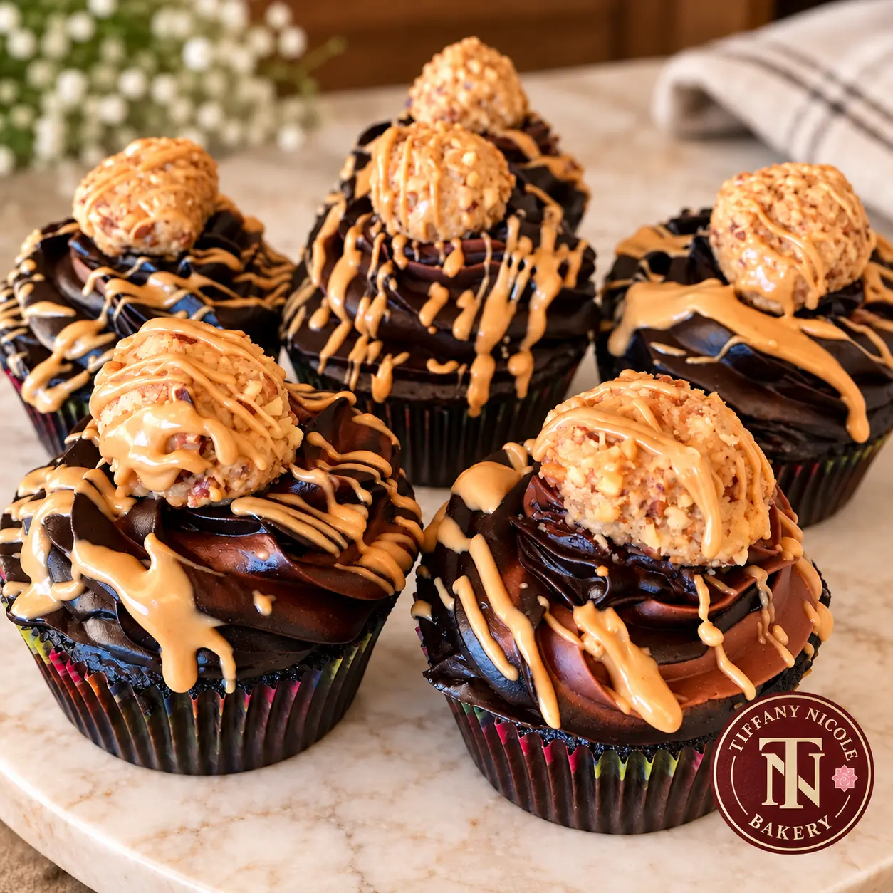Chocolate cupcakes with peanut butter drizzle and buckeye toppers