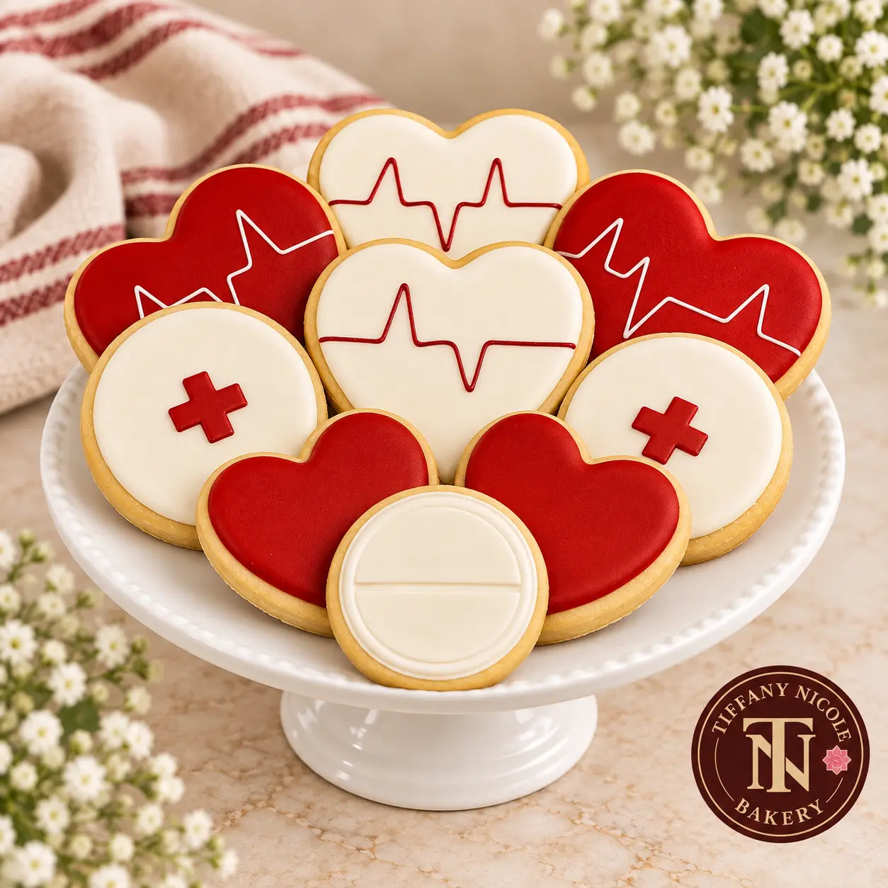 Nurse appreciation heart cookies in red and cream with heartbeat and cross designs on a cake stand
