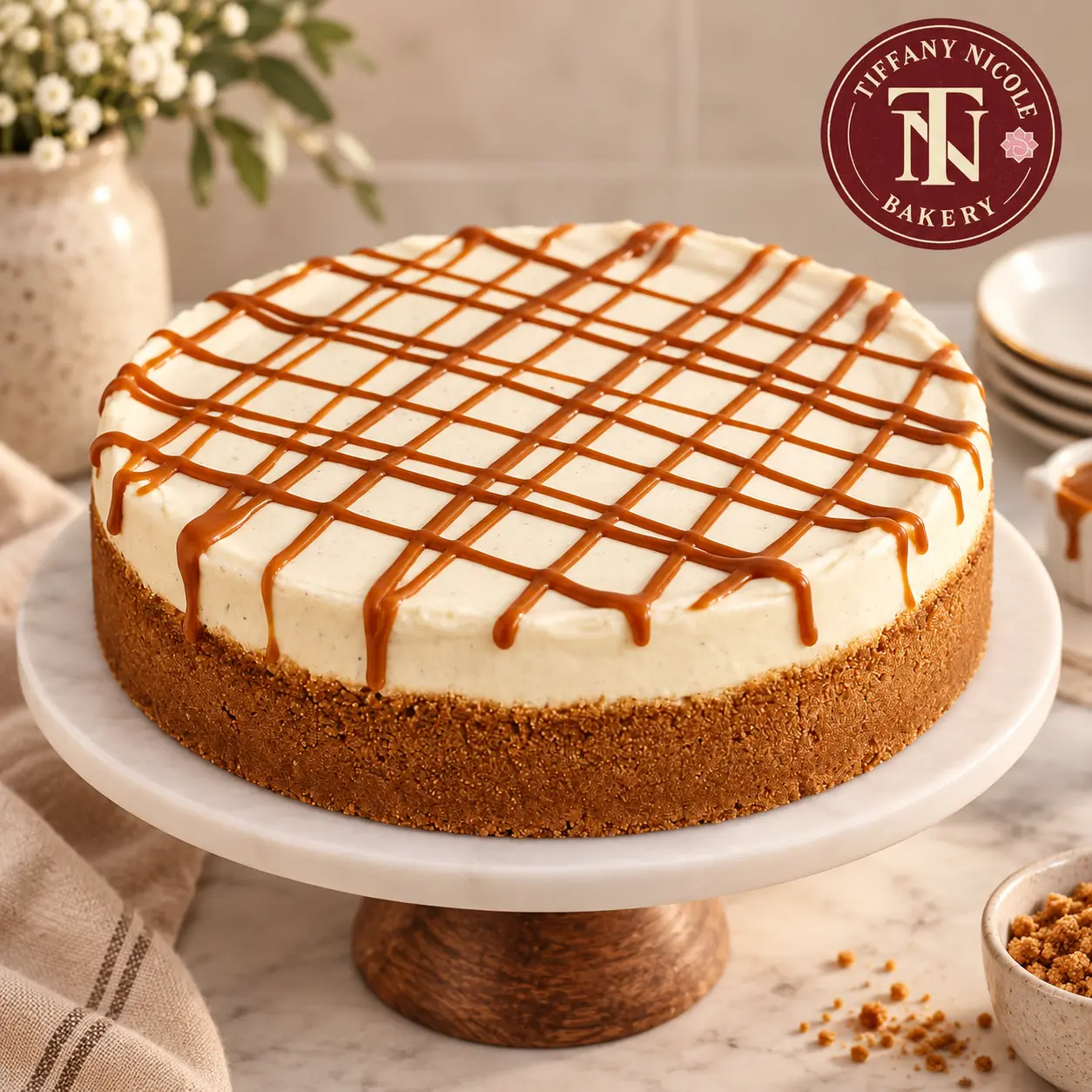 Whole vanilla bean cheesecake with caramel drizzle on a cake stand