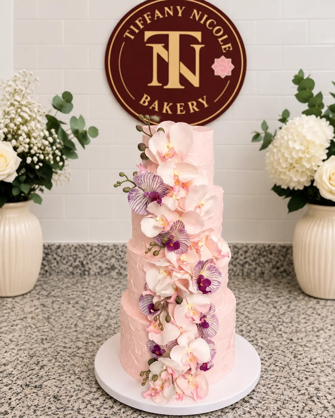 Blush pink four-tier wedding cake with a cascade of orchids