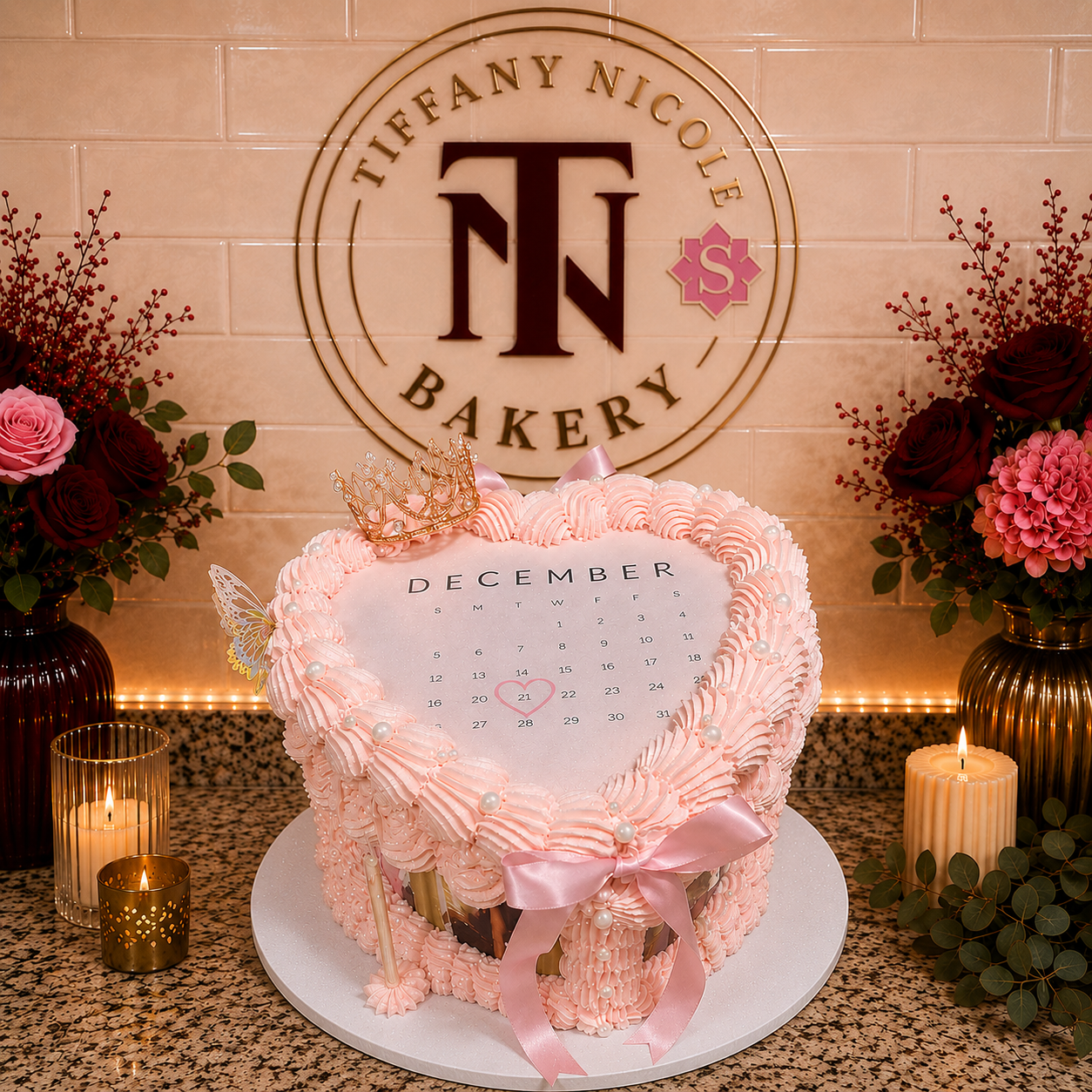 Pink heart-shaped December calendar birthday cake with crown topper