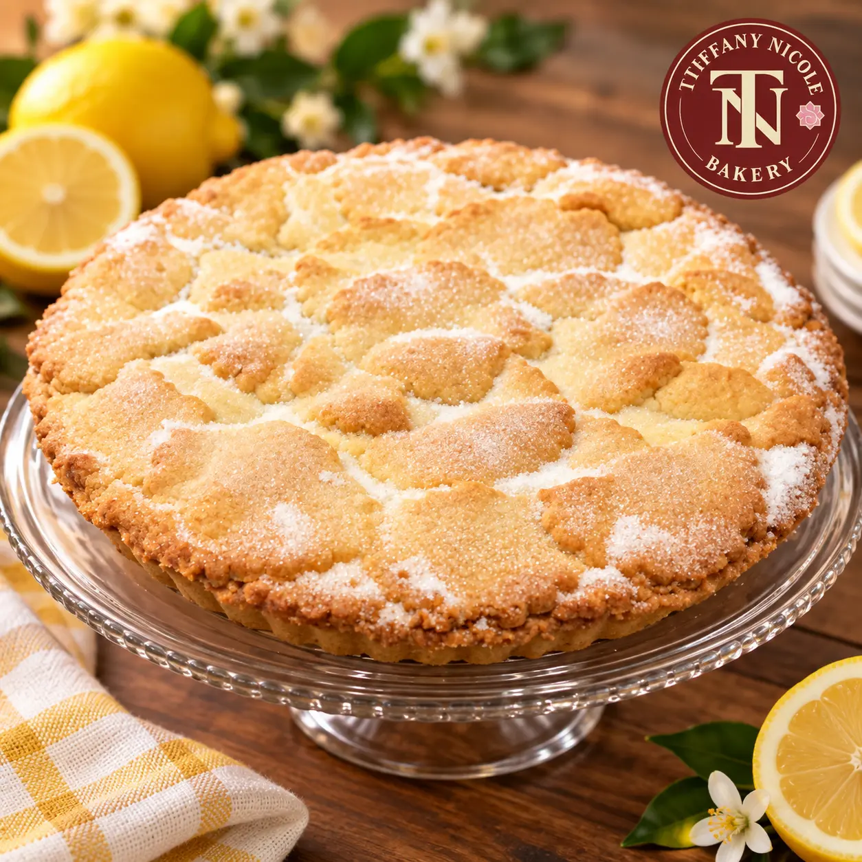 Lemon crumb tart with sugared cookie crumble