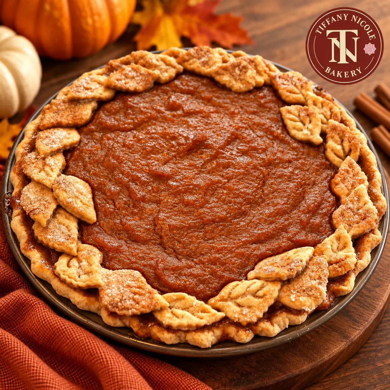 Sweet potato pie with leaf detail crust and fall leaves