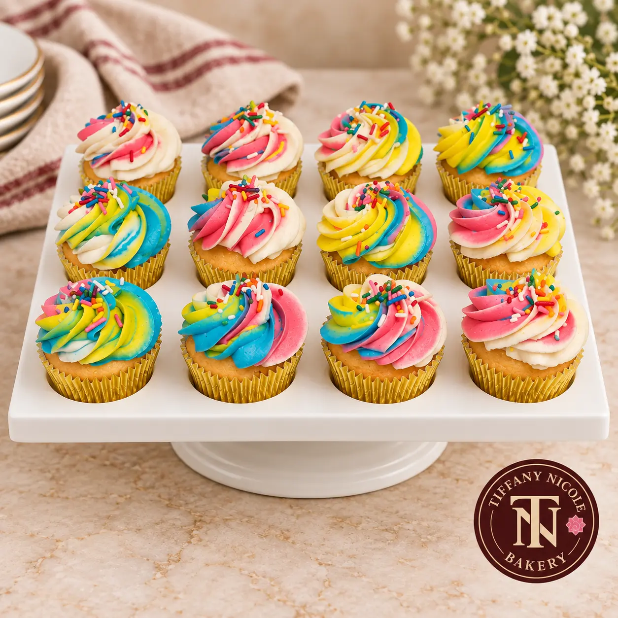 Rainbow swirl buttercream cupcakes with gold wrappers and rainbow sprinkles on a white stand