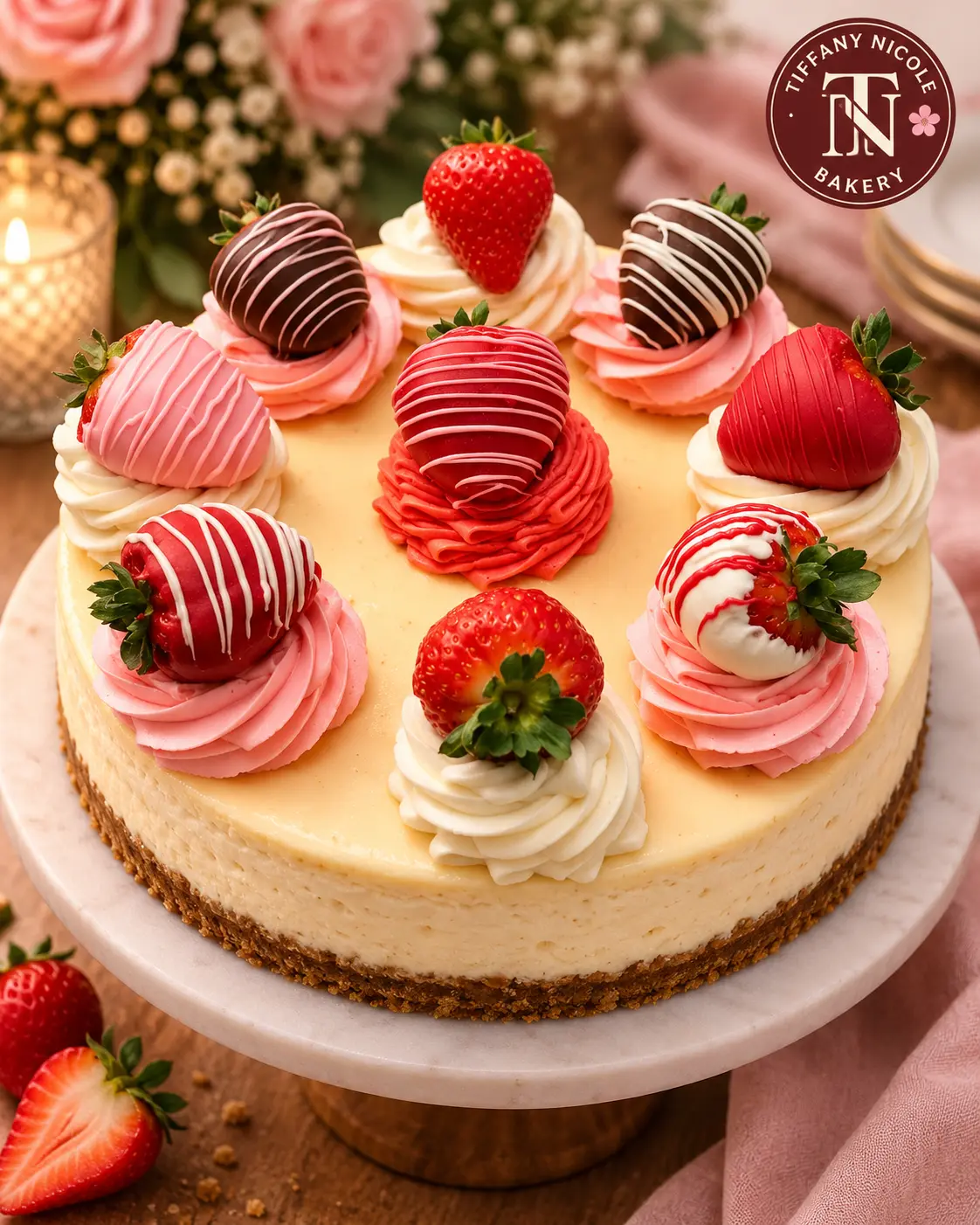 Strawberry cheesecake topped with chocolate-covered strawberries