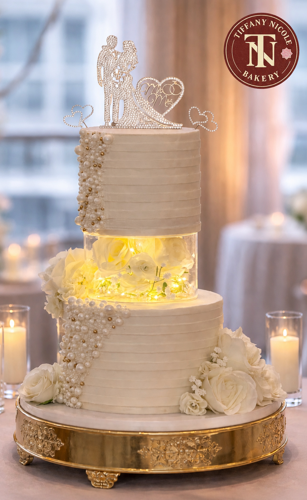 White two-tier wedding cake with pearls and Mr & Mrs cake topper on a gold stand