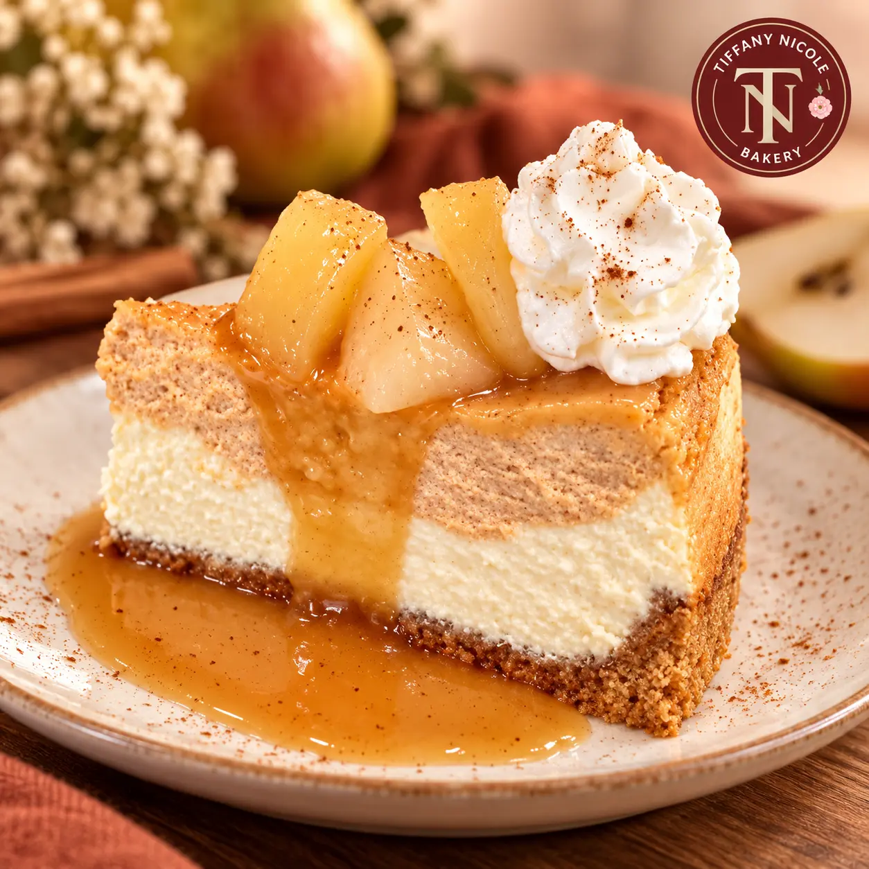 Caramel pear cheesecake slice topped with spiced whipped cream