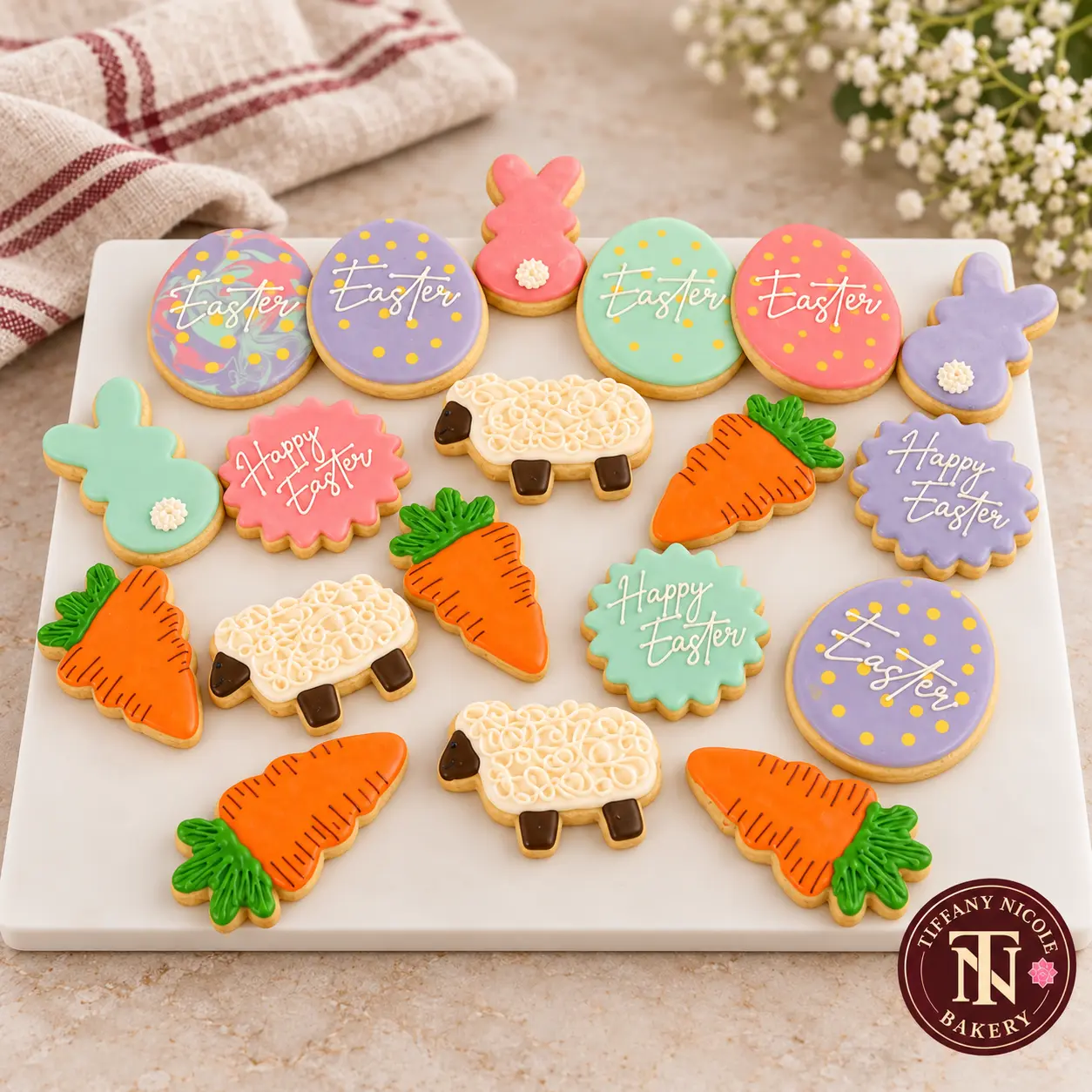 Happy Easter decorated sugar cookies with eggs, bunnies, sheep and carrots on a white platter