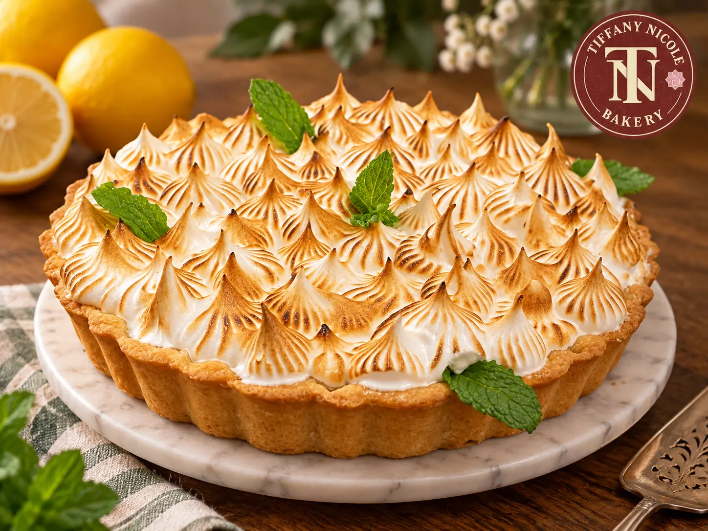 Lemon meringue pie with toasted meringue peaks and fresh mint