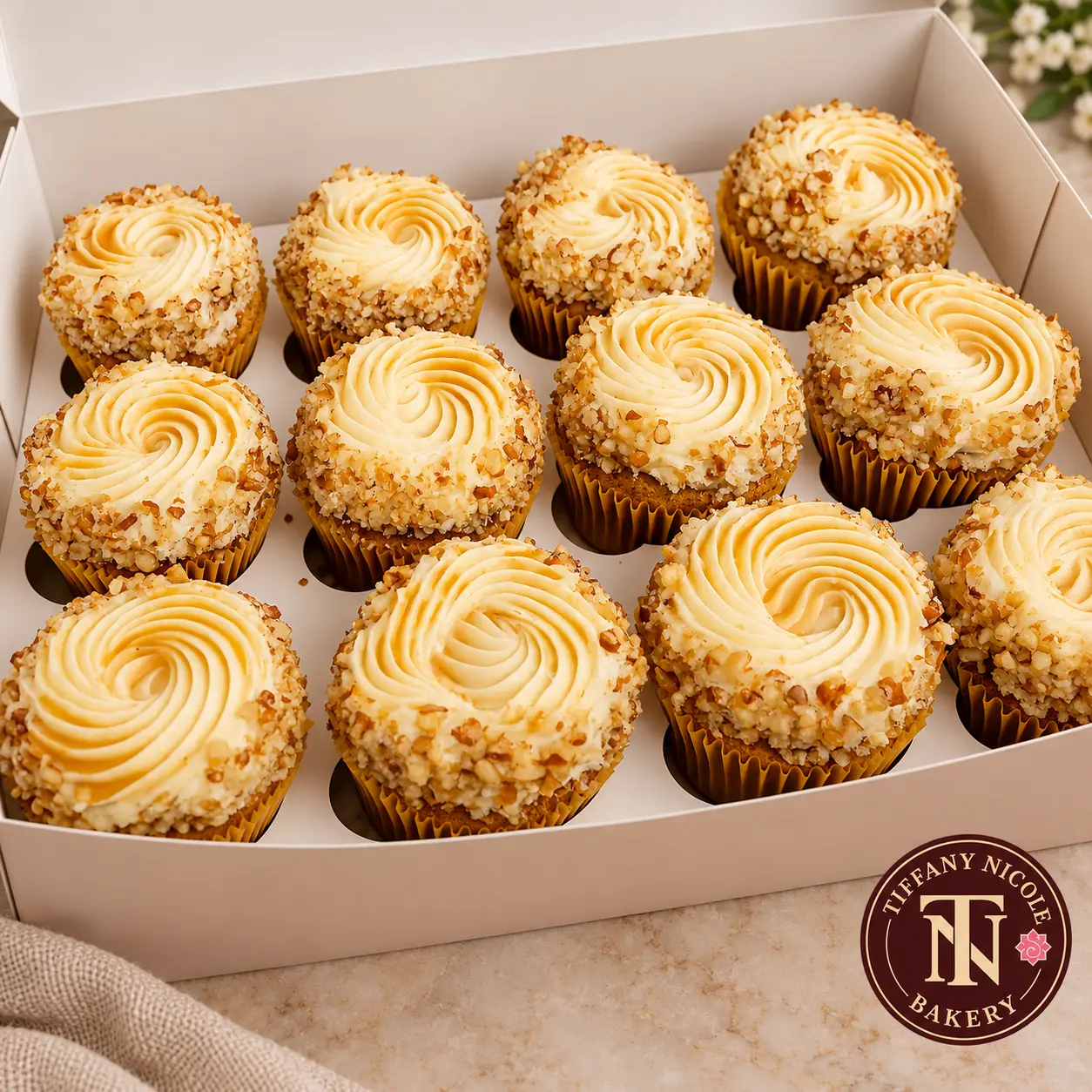 Carrot cupcakes with cream cheese swirl frosting and candied nut topping in a bakery box