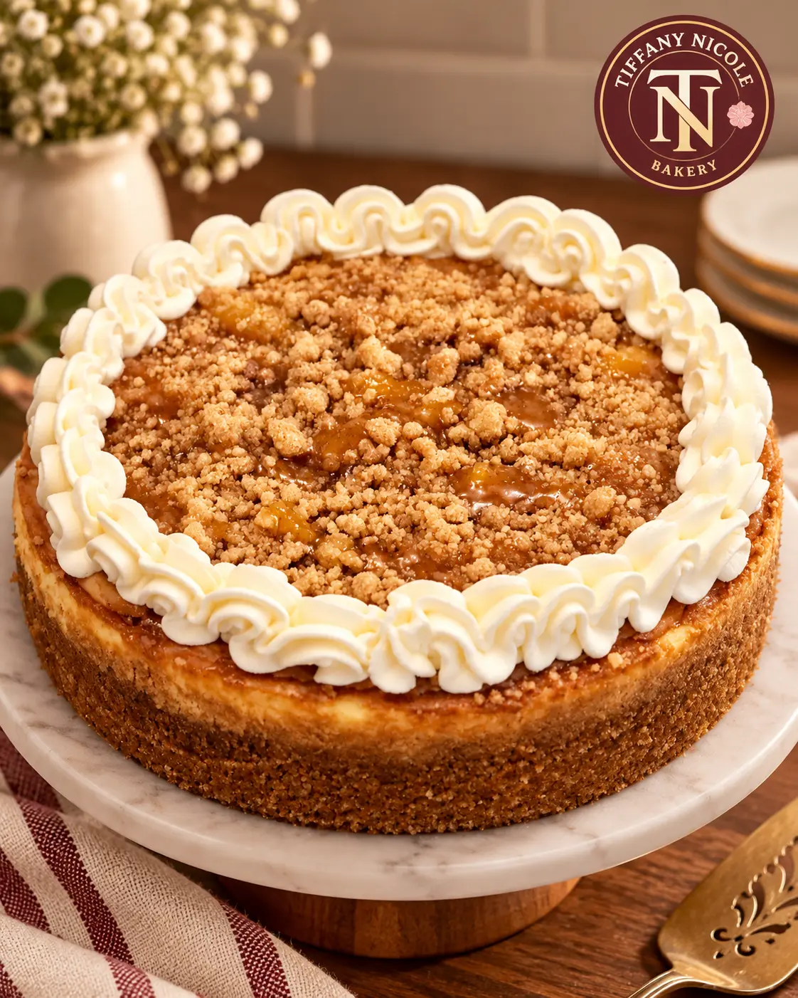 Caramel crumb cheesecake with piped whipped cream border