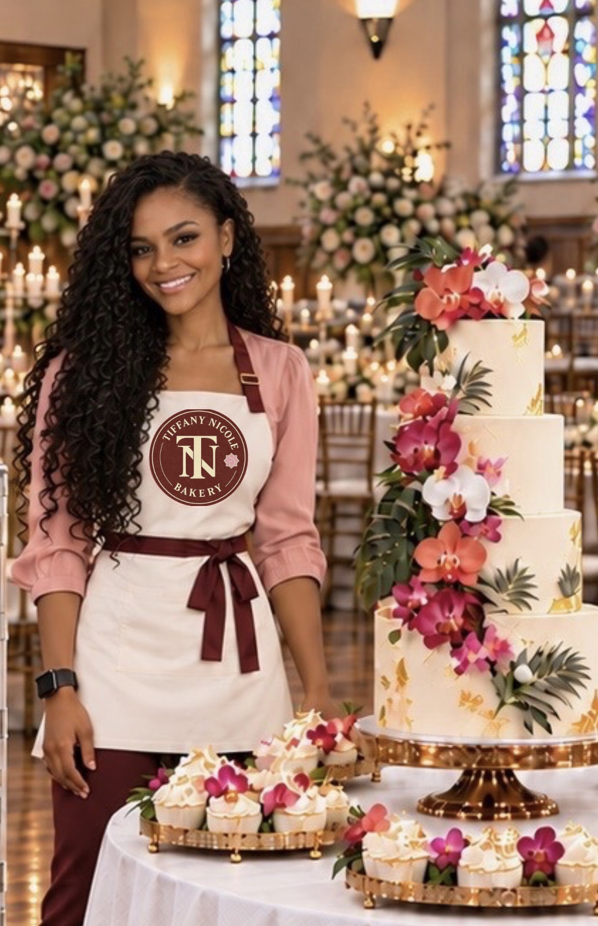 Tiffany of Tiffany Nicole Bakery beside a tiered cake and cupcakes