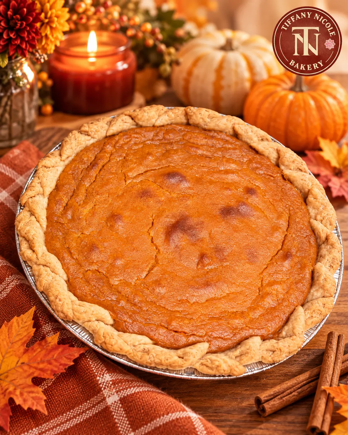 Sweet potato pie with braided crust and autumn pumpkins
