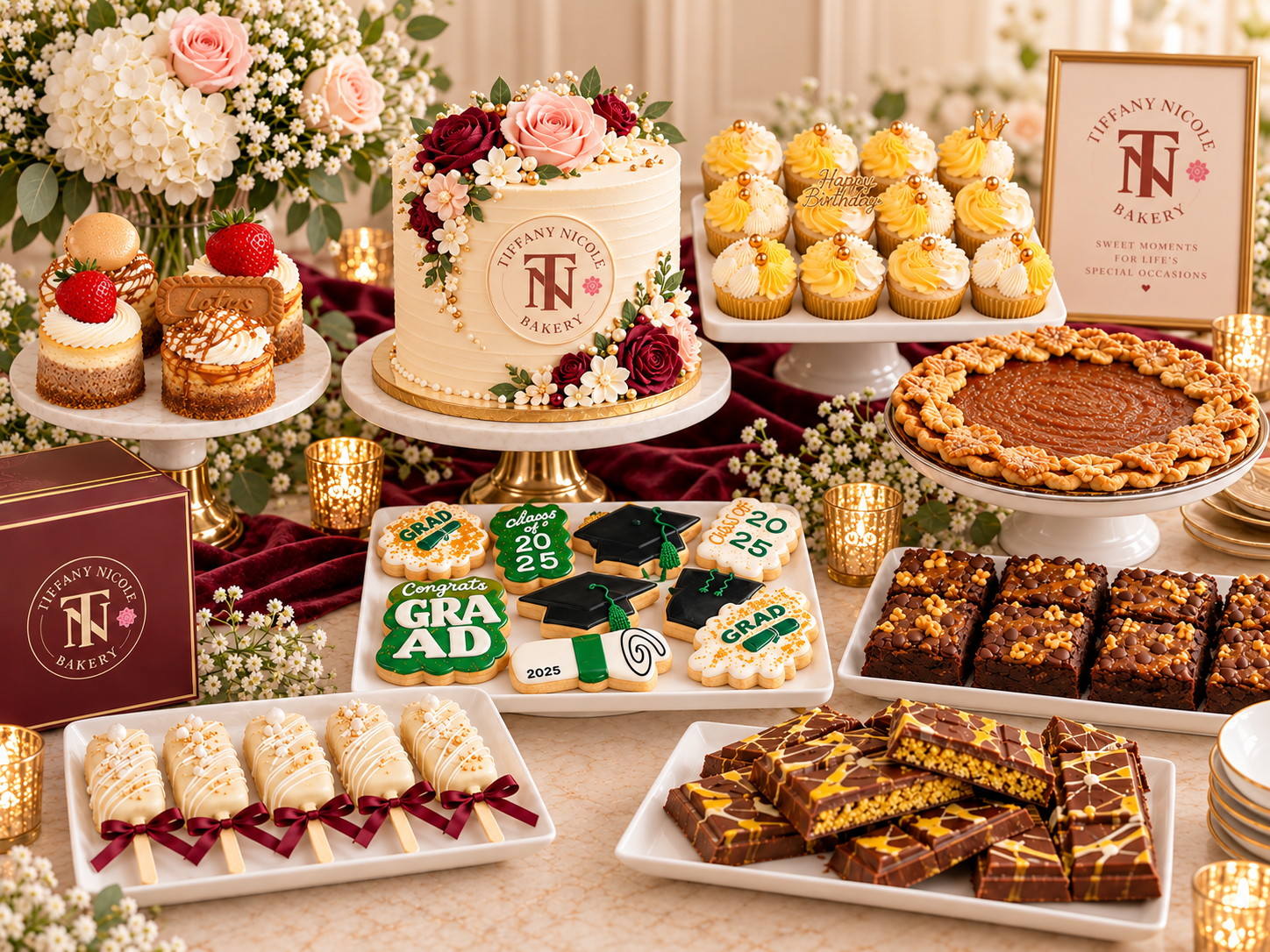 Dessert table with a tiered cake, cupcakes and treats by Tiffany Nicole Bakery