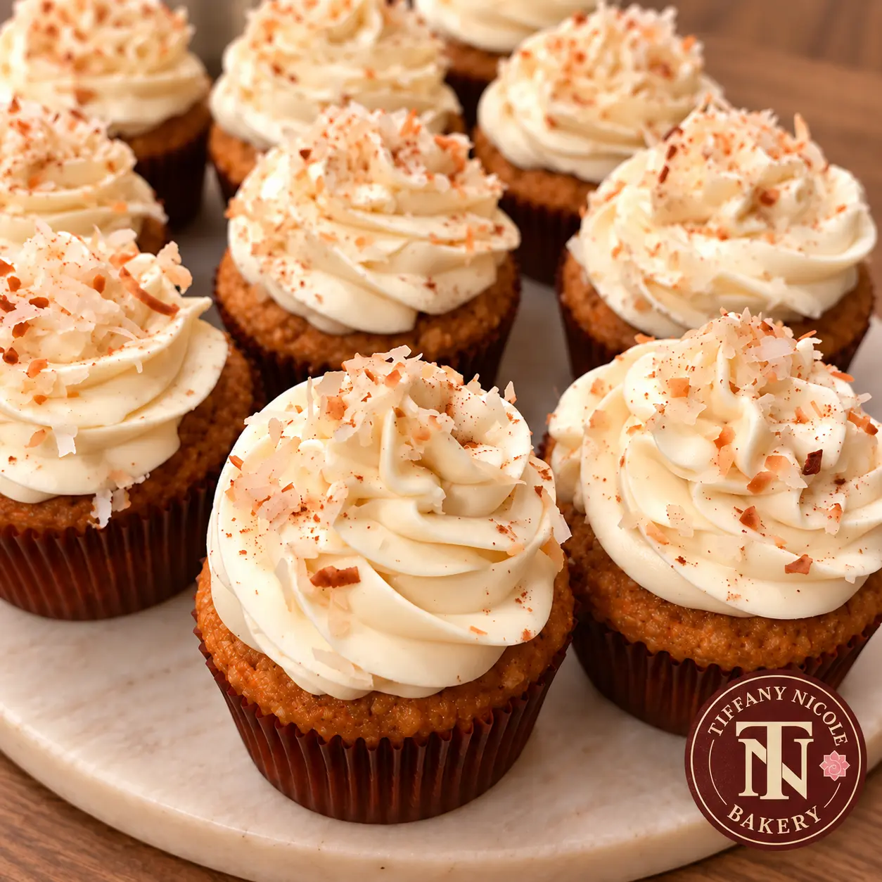 Carrot cake cupcakes with cream cheese frosting and toasted coconut