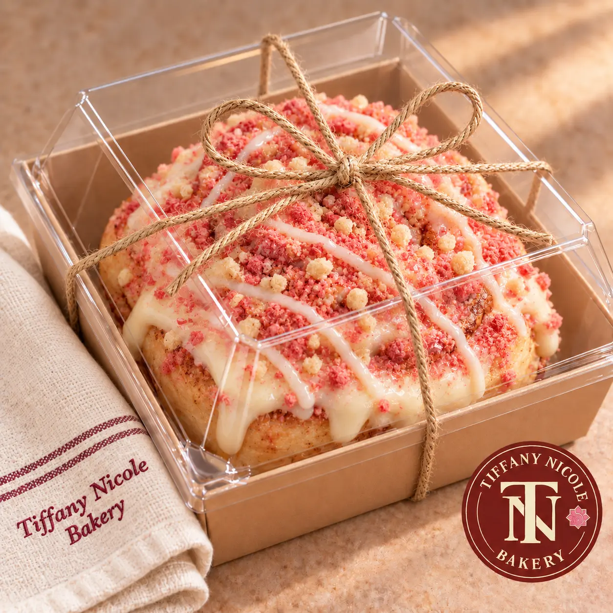 Strawberry cinnamon roll topped with strawberry crumble and icing drizzle