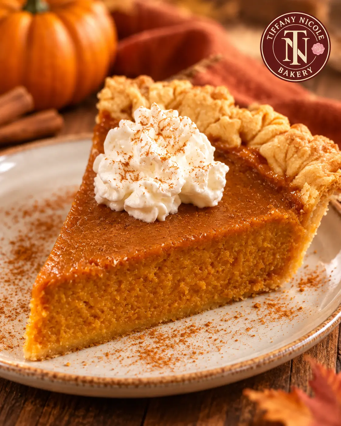 Pumpkin pie slice topped with cinnamon whipped cream