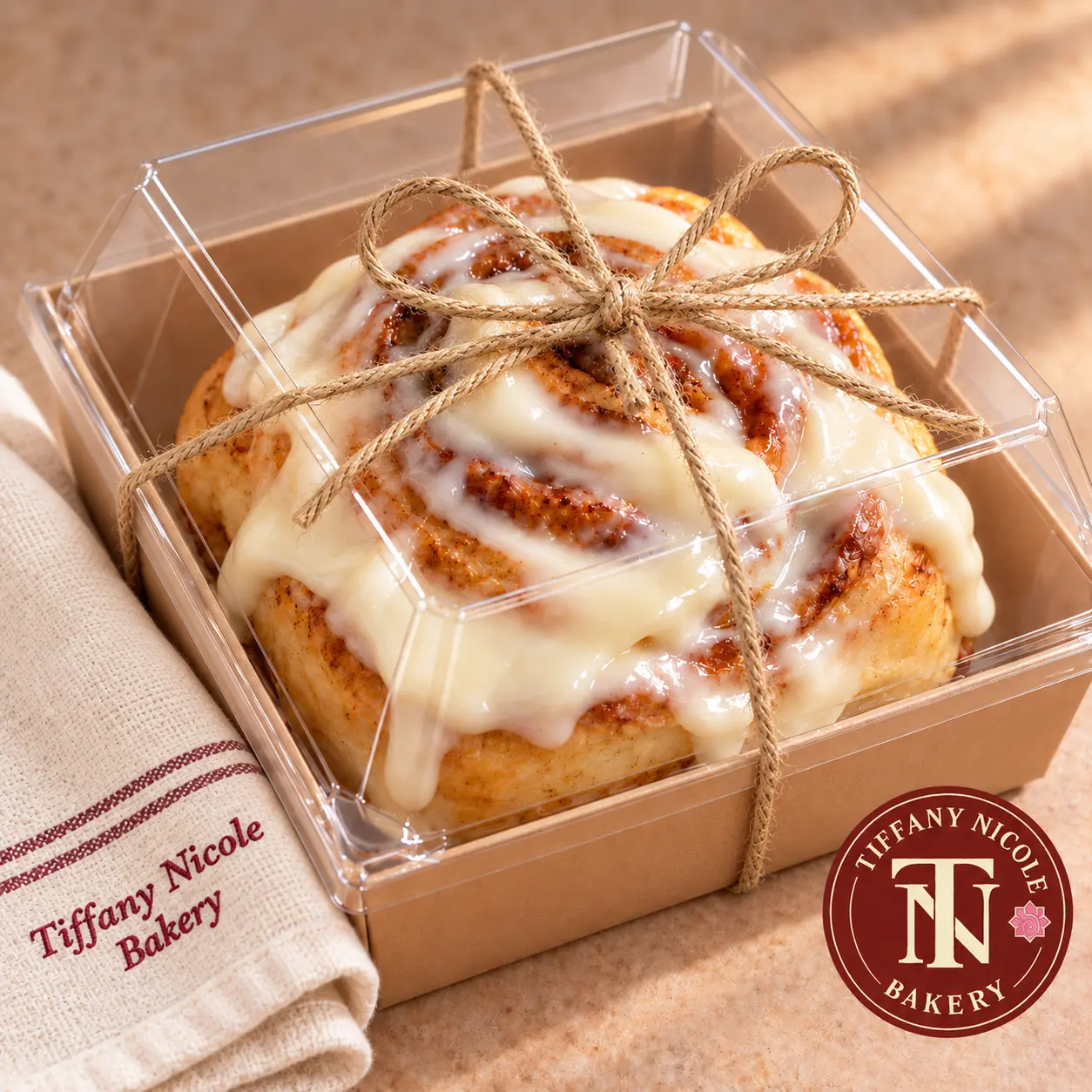 Classic cinnamon roll with signature cream cheese icing in a clear bakery box