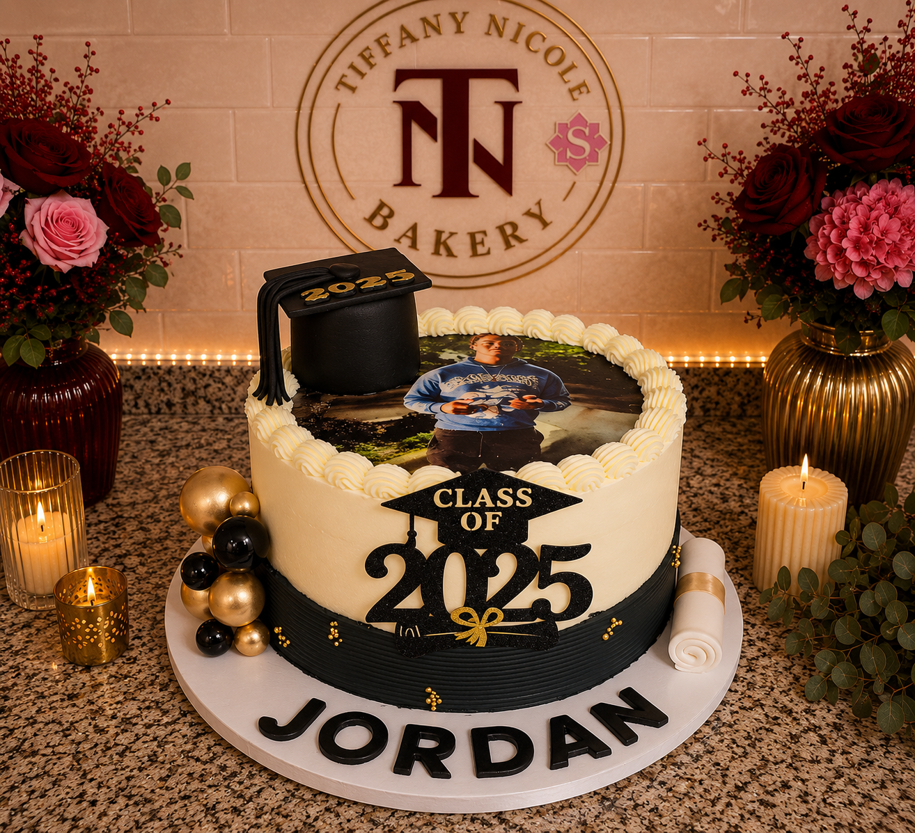 Class of 2025 graduation cake with photo print and graduate cap