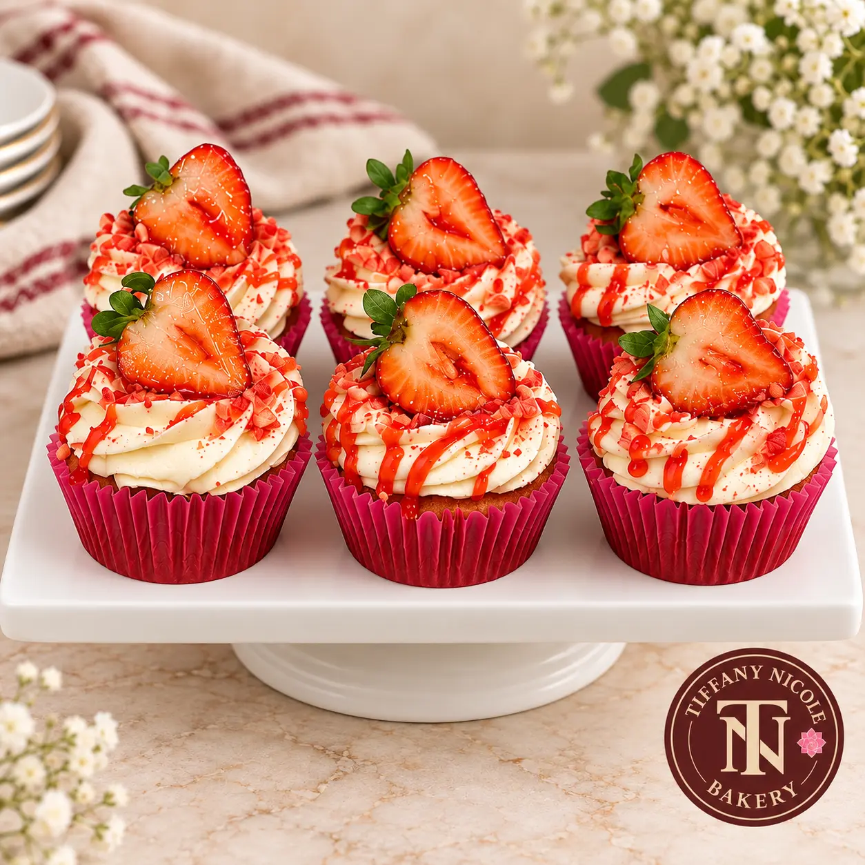 Strawberry cupcakes with vanilla buttercream, strawberry drizzle and fresh strawberry toppers on a white stand