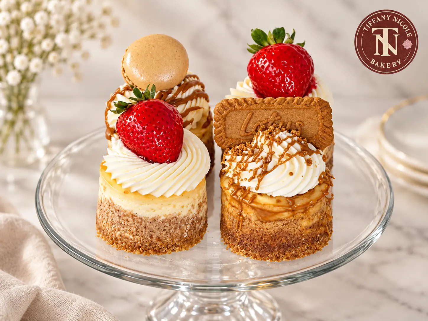 Caramel and Biscoff mini cheesecakes with whipped cream, strawberries and a macaron on a glass stand