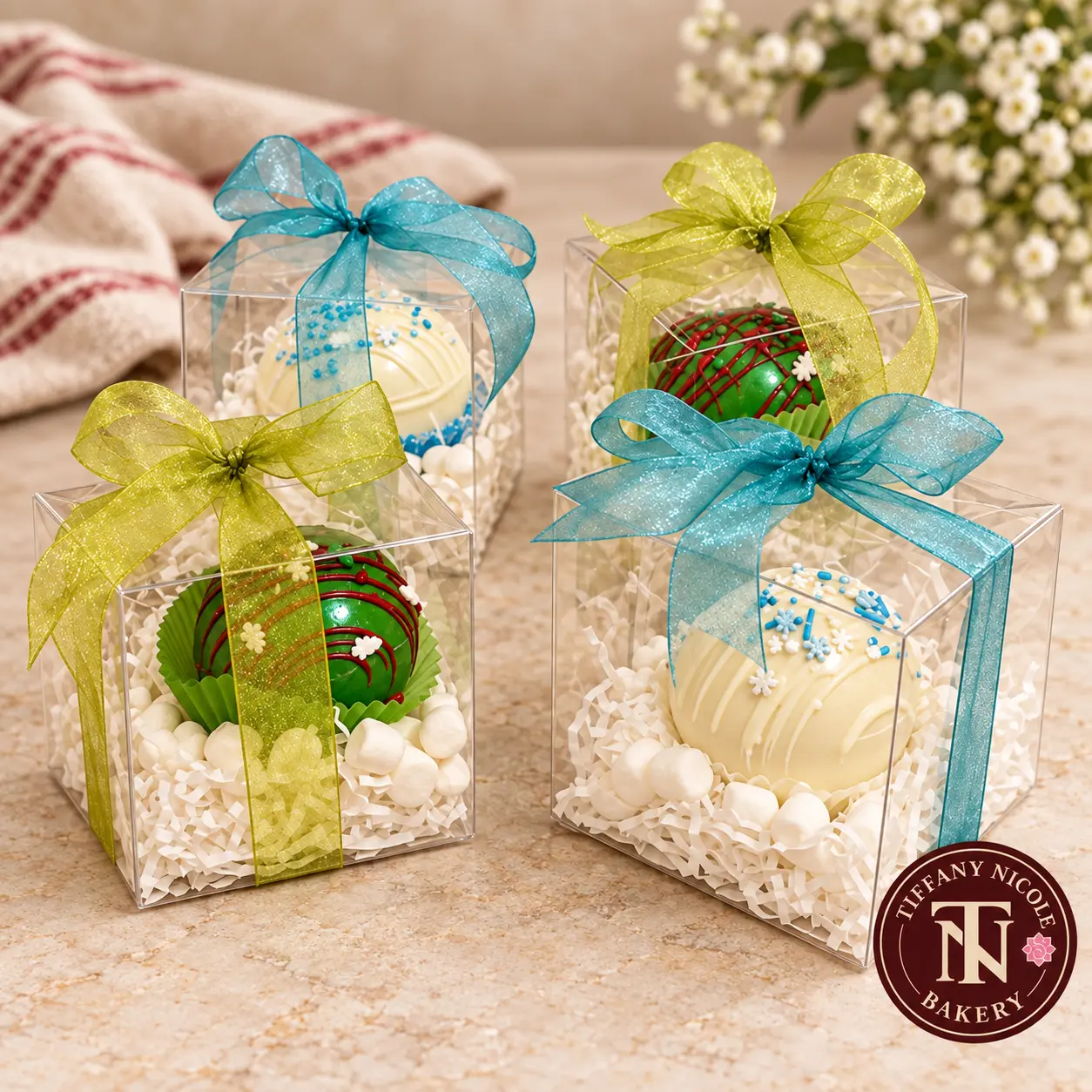 Holiday hot cocoa bombs in clear gift boxes with ribbons, marshmallows and the Tiffany Nicole Bakery logo