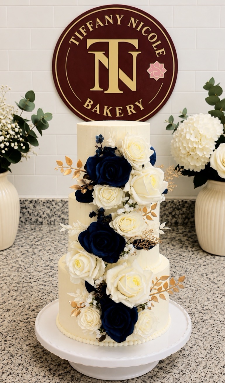 Three-tier white wedding cake with navy blue and white roses and gold leaves