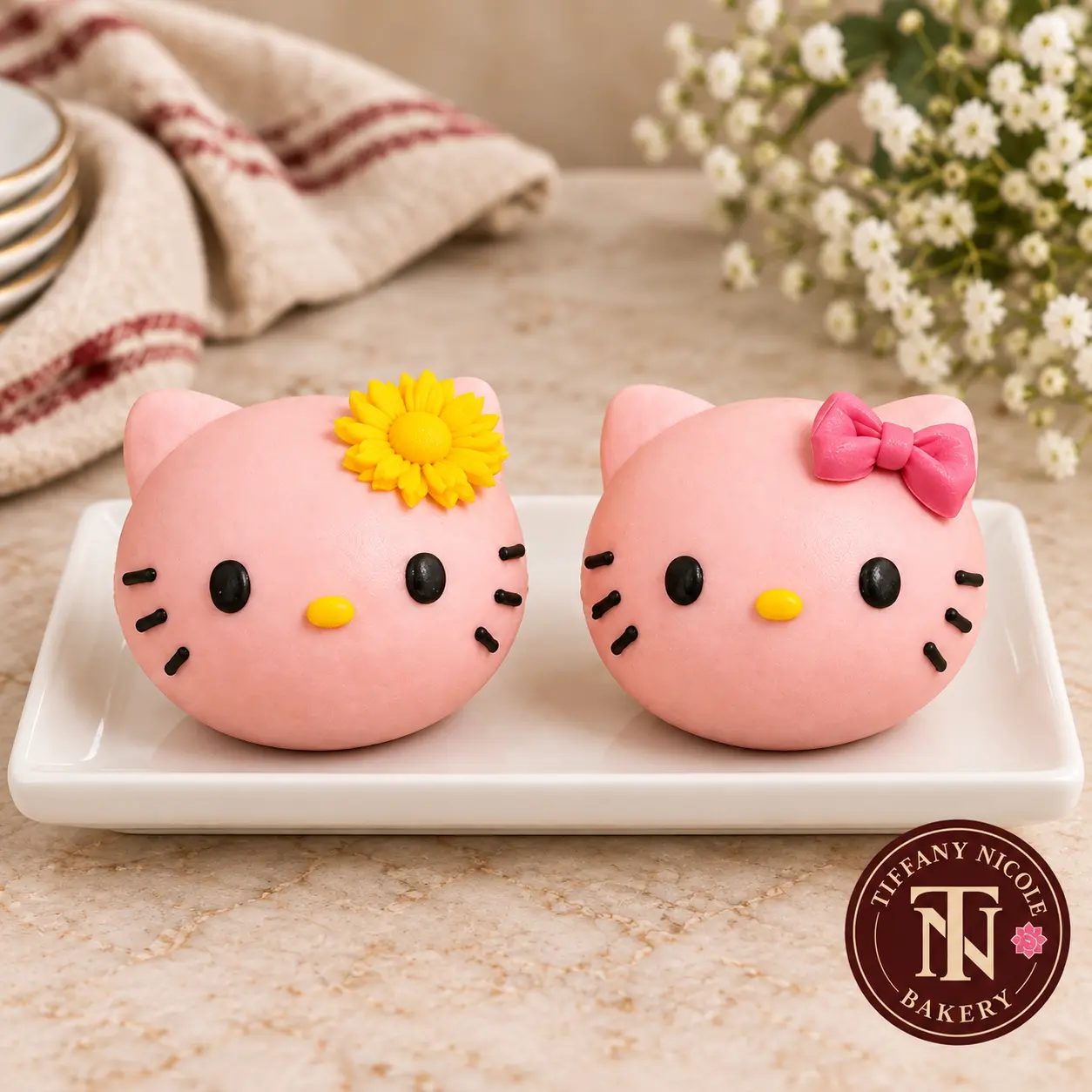 Pink Hello Kitty treats with flower and bow details on a white platter with the Tiffany Nicole Bakery logo