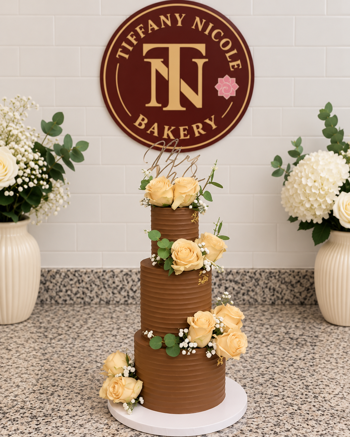 Chocolate ribbed three-tier wedding cake with yellow roses and Mr & Mrs topper