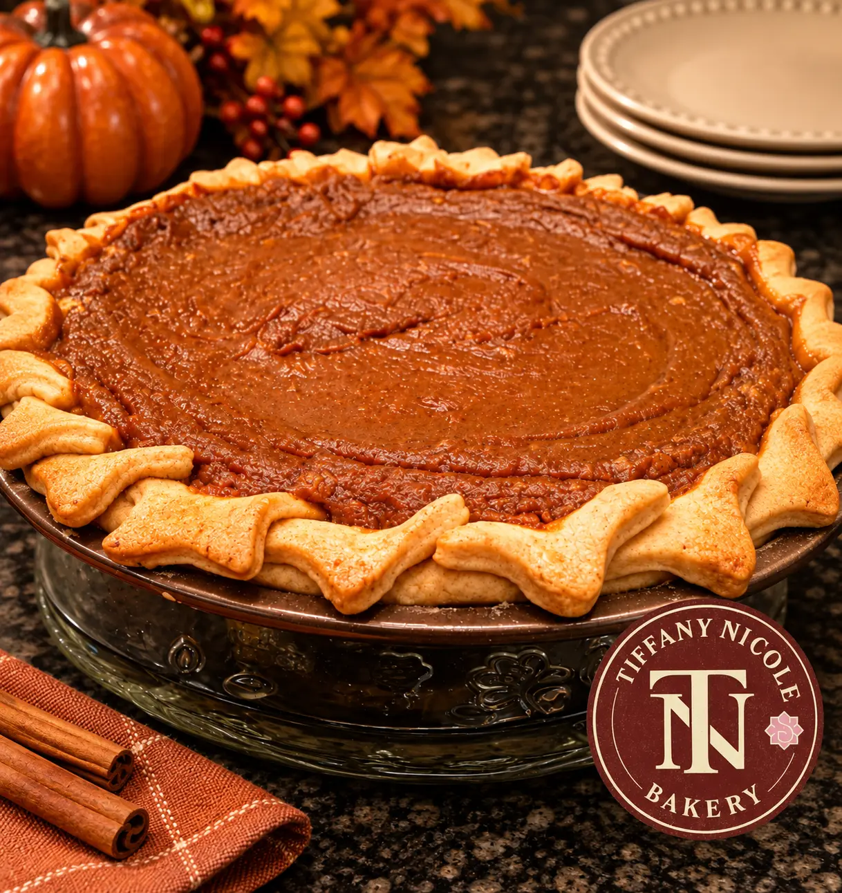 Classic pumpkin pie with cinnamon leaf crust