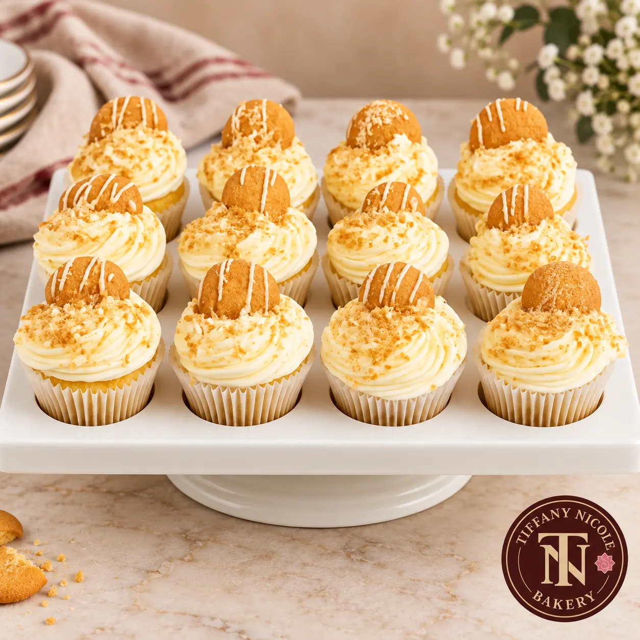 Banana pudding cupcakes with vanilla buttercream and Nilla wafer toppers in a white bakery box