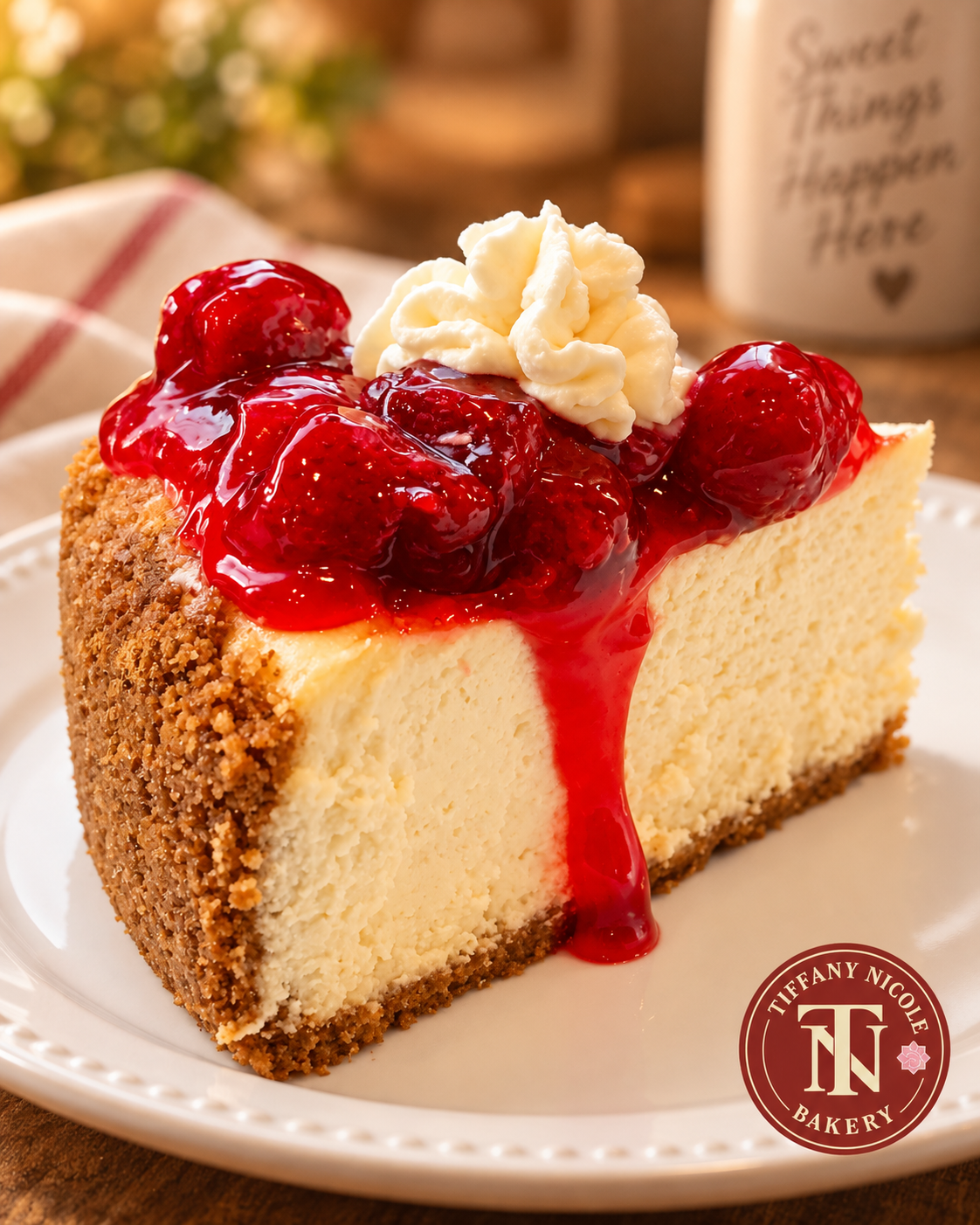 Classic cheesecake slice topped with cherry glaze and whipped cream