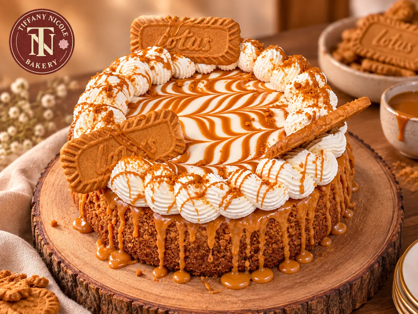 Biscoff cheesecake drizzled with caramel and Lotus cookie pieces