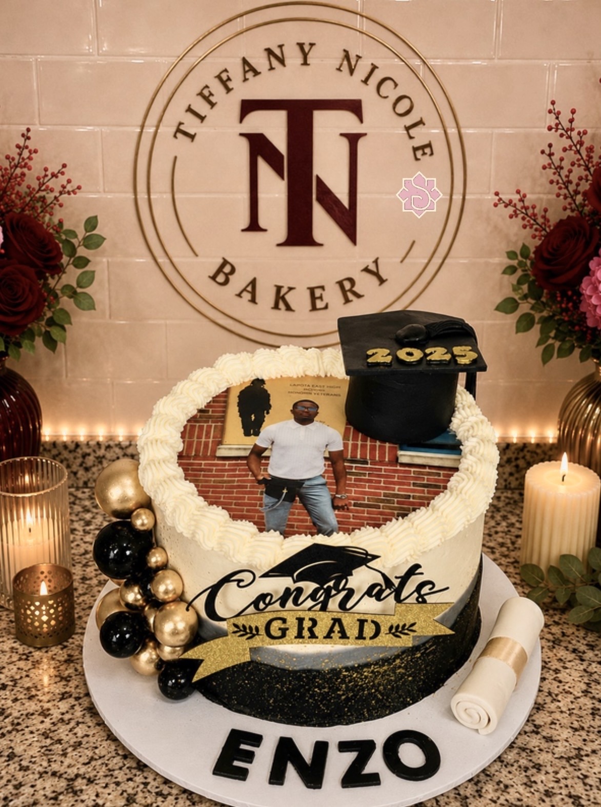 Congrats Grad cake with photo print, black and gold balloons
