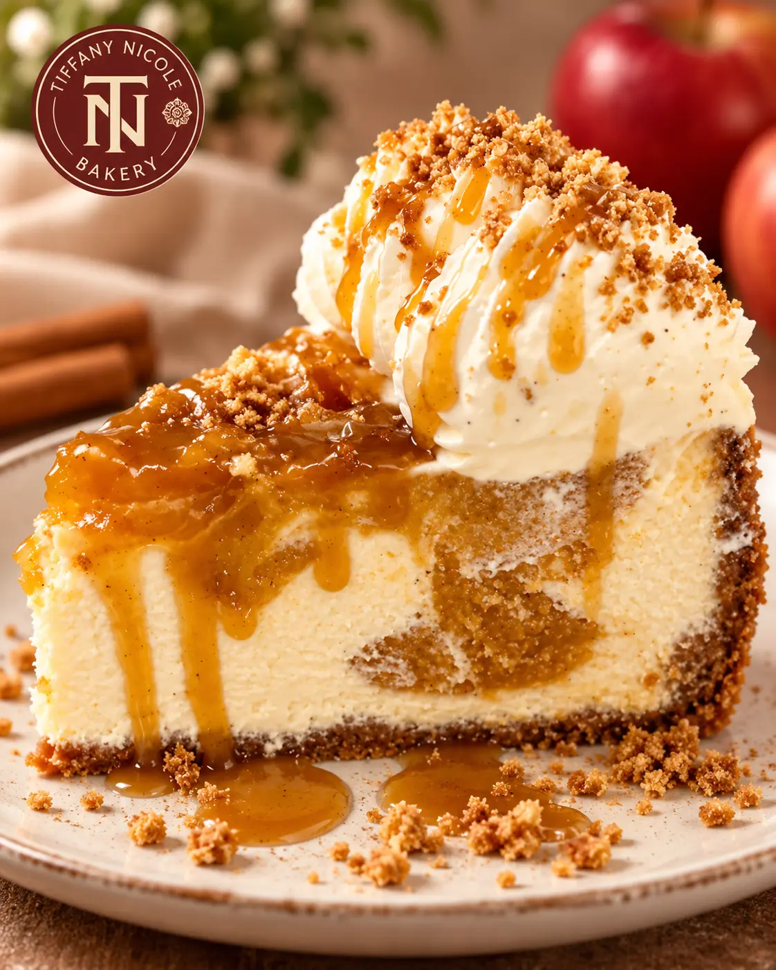 Caramel apple cheesecake slice with whipped cream and caramel drizzle