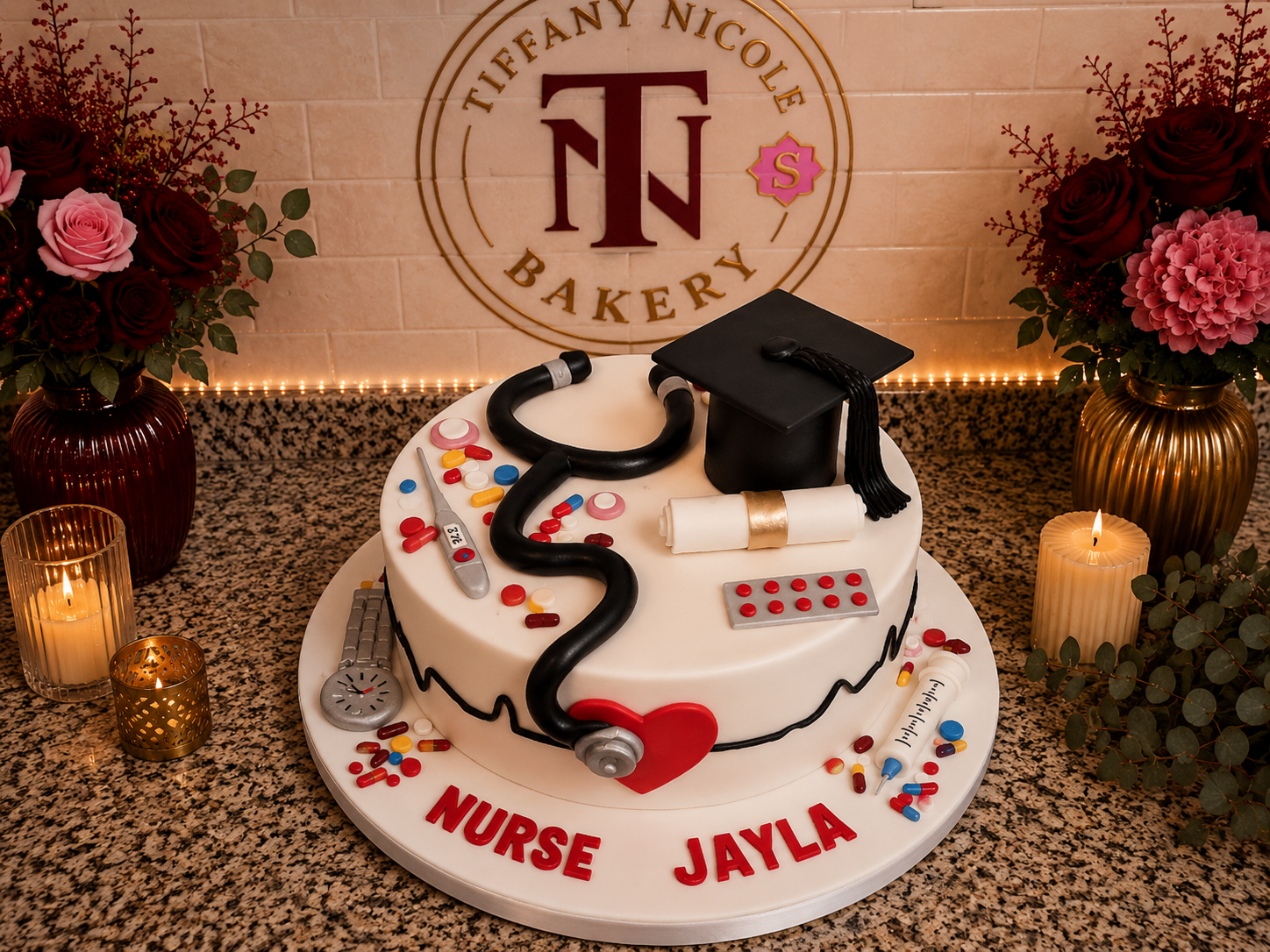 Nurse graduation cake with stethoscope, pills and graduate cap