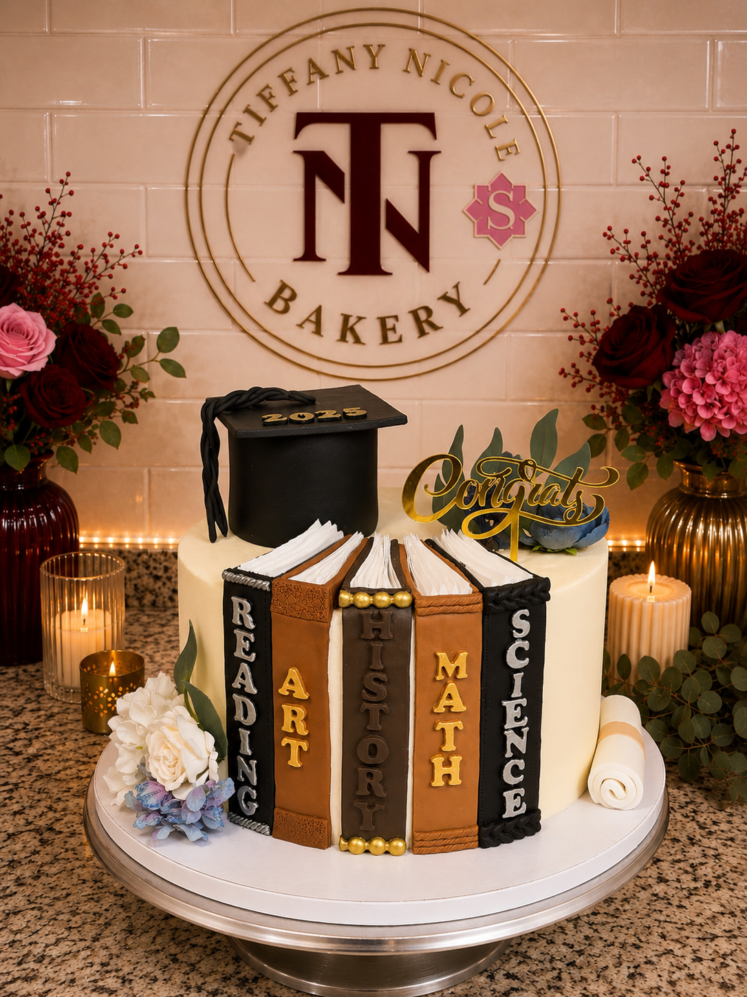 Graduation cake with book stack toppers and gold Congrats sign
