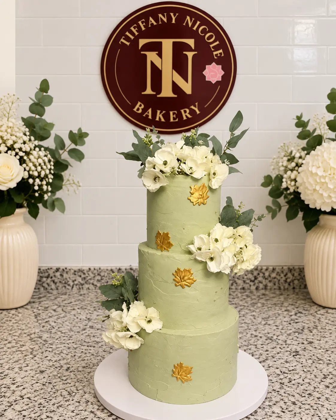 Sage green three-tier wedding cake with white flowers and gold leaves