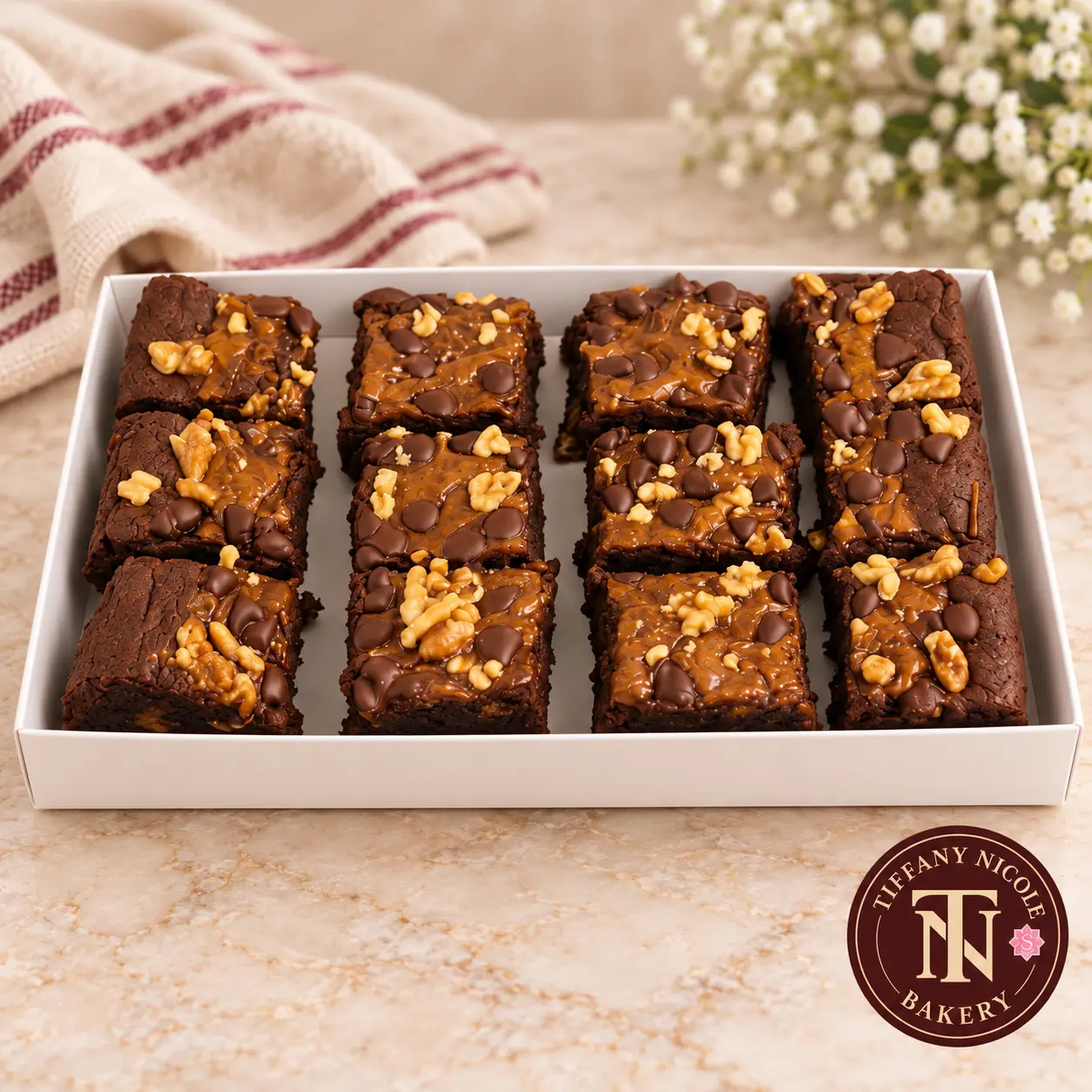 Box of turtle brownies with caramel, walnuts and chocolate chips with the Tiffany Nicole Bakery logo