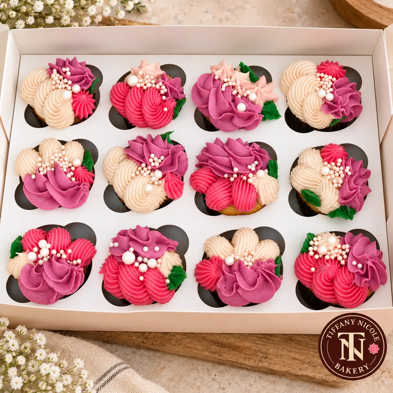 Floral buttercream cupcakes with raspberry, pink and cream petal design and pearls